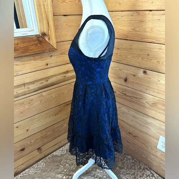 Moulinette Soeurs A-Line Dress Lace Silk Blue Black Fit & Flare Twirl‎ Prom HoCo - Picture 8 of 10